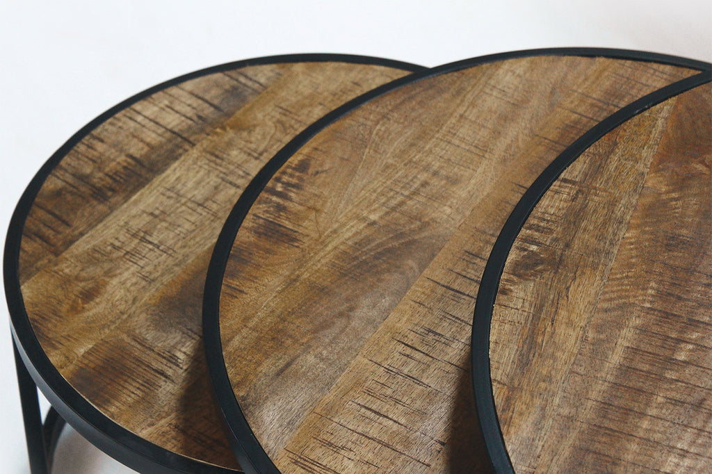 Rousseau Lennox Salontafel – 3-delig Mango Hout – Zwart – Ø65/50/40 x H45/40/35 cm